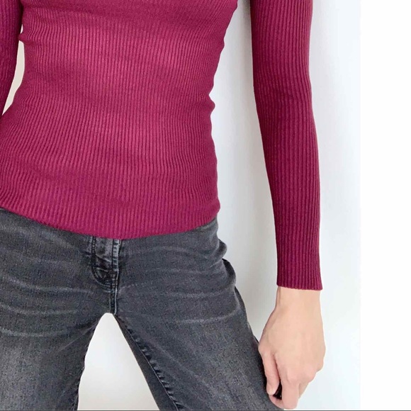 BURGUNDY SLIM FIT RIBBED TURTLENECK TOP - Picture 6 of 11